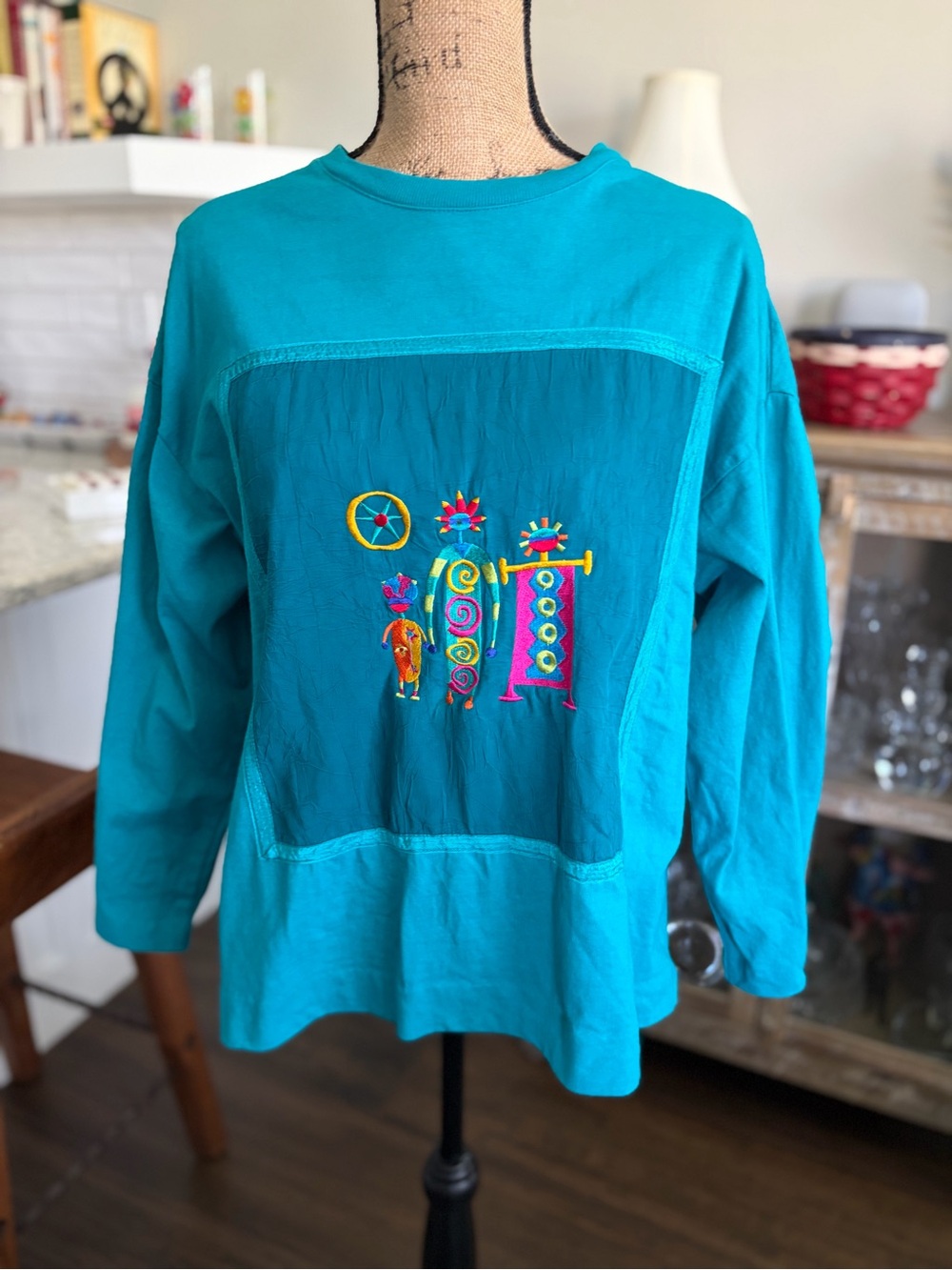 Johnny Was Teal Long Sleeve Top with Multicolor Embroidery